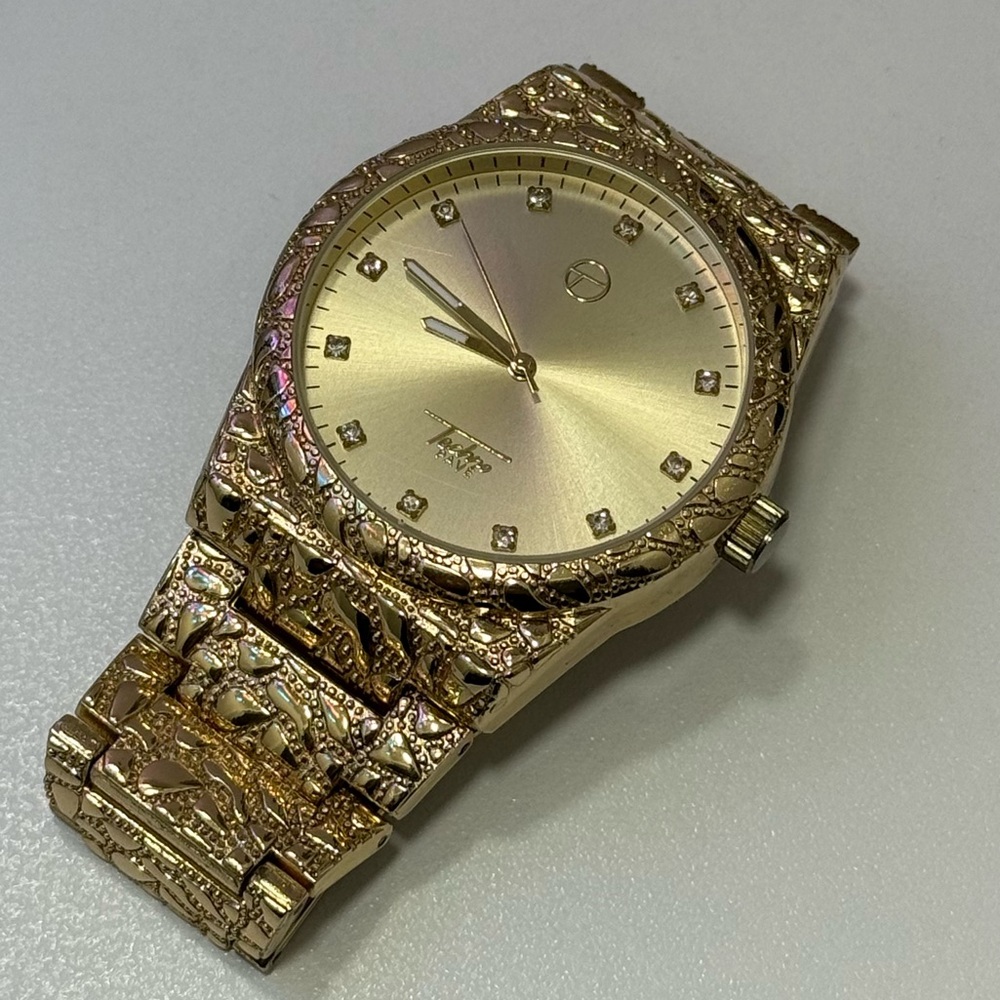 Gold Textured Watch with Crystal Accents - Picture 4 of 9